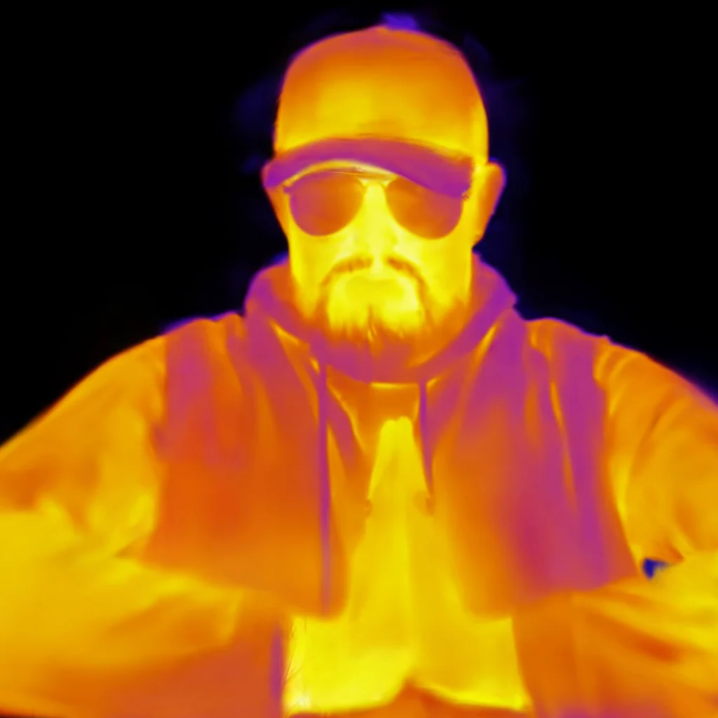 Pomarańczowo-żółty portret termowizyjny z fioletowymi konturami na czarnym tle.