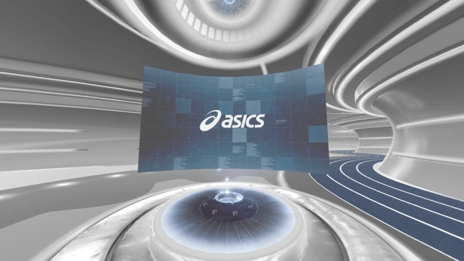 Logo ASICS na zawieszonym niebieskim panelu w srebrnym wirtualnym salonie.