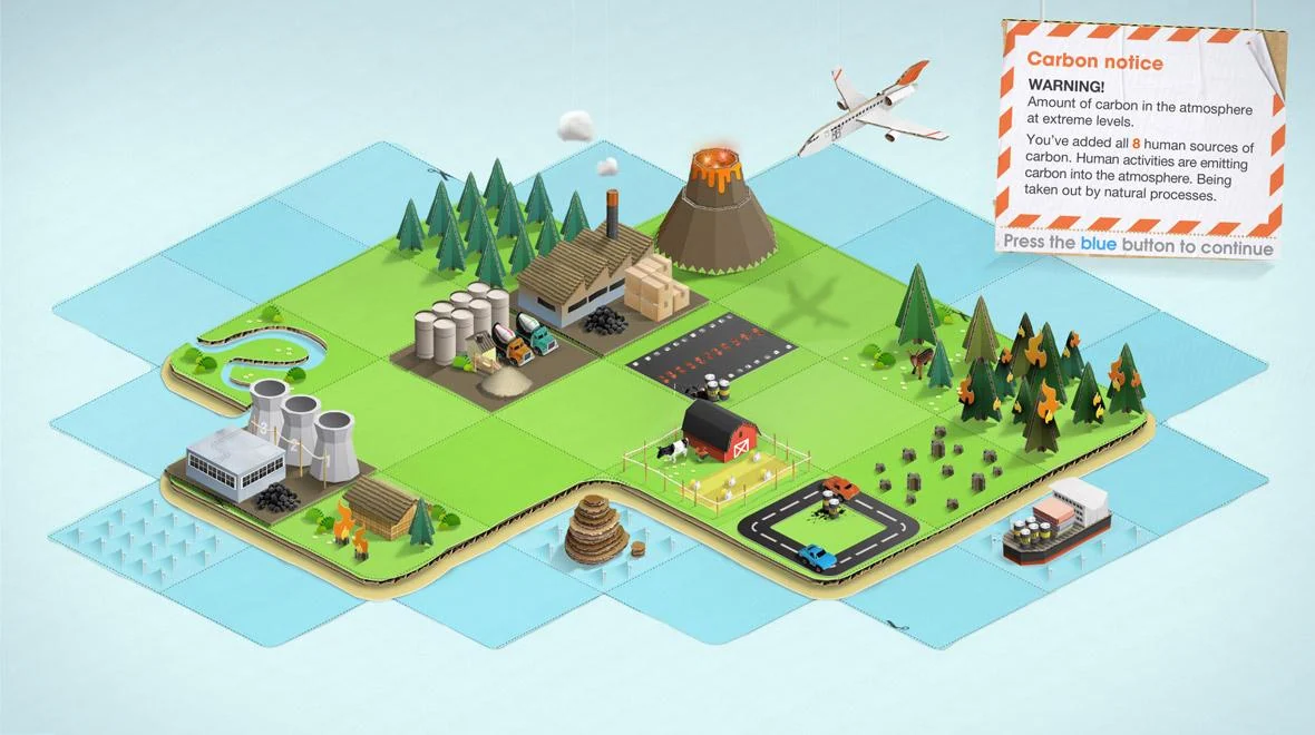 Krajobraz gry Carbon Cycle z fabrykami, pasem startowym, lasem i panelem informacji o węglu.
