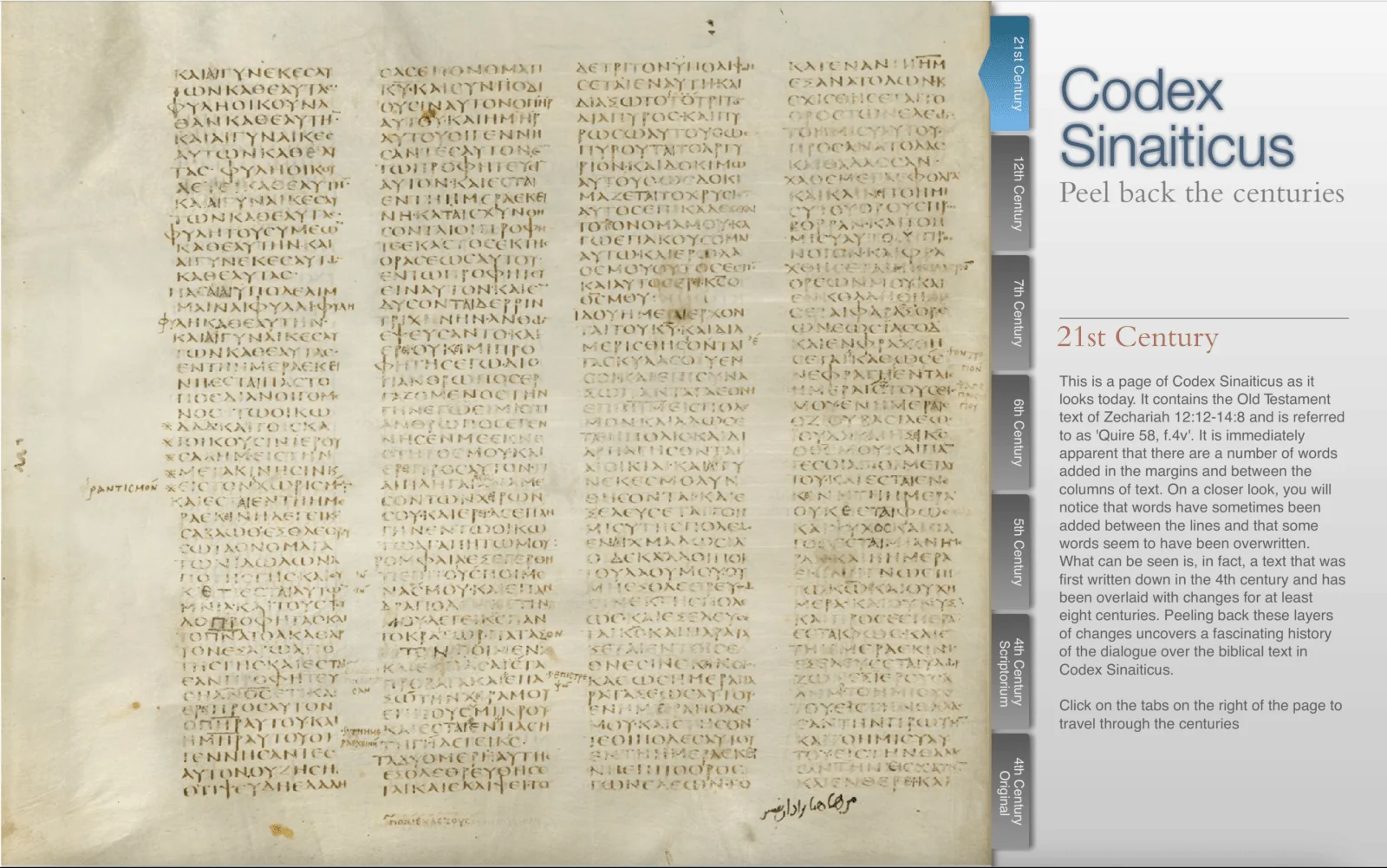 Cyfrowa strona manuskryptu obok interfejsu Codex Sinaiticus i panelu informacji o XXI wieku.