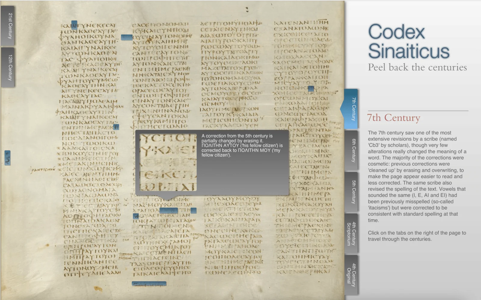 Wyróżniony fragment manuskryptu w interfejsie Codex Sinaiticus z panelem informacji o VII wieku.