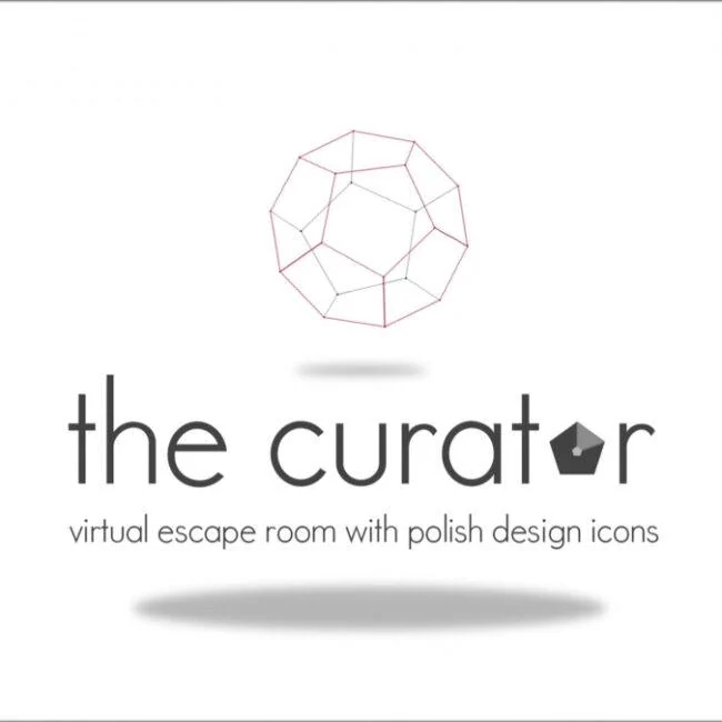 Grafika tytułowa The Curator z siatkową kulą i podtytułem o ikonach polskiego wzornictwa.