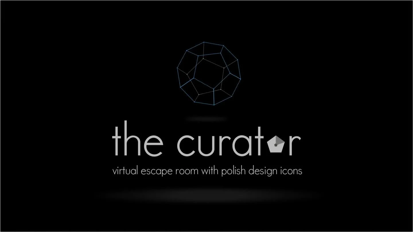 Logo The Curator i siatkowa kula na czarnym tle.