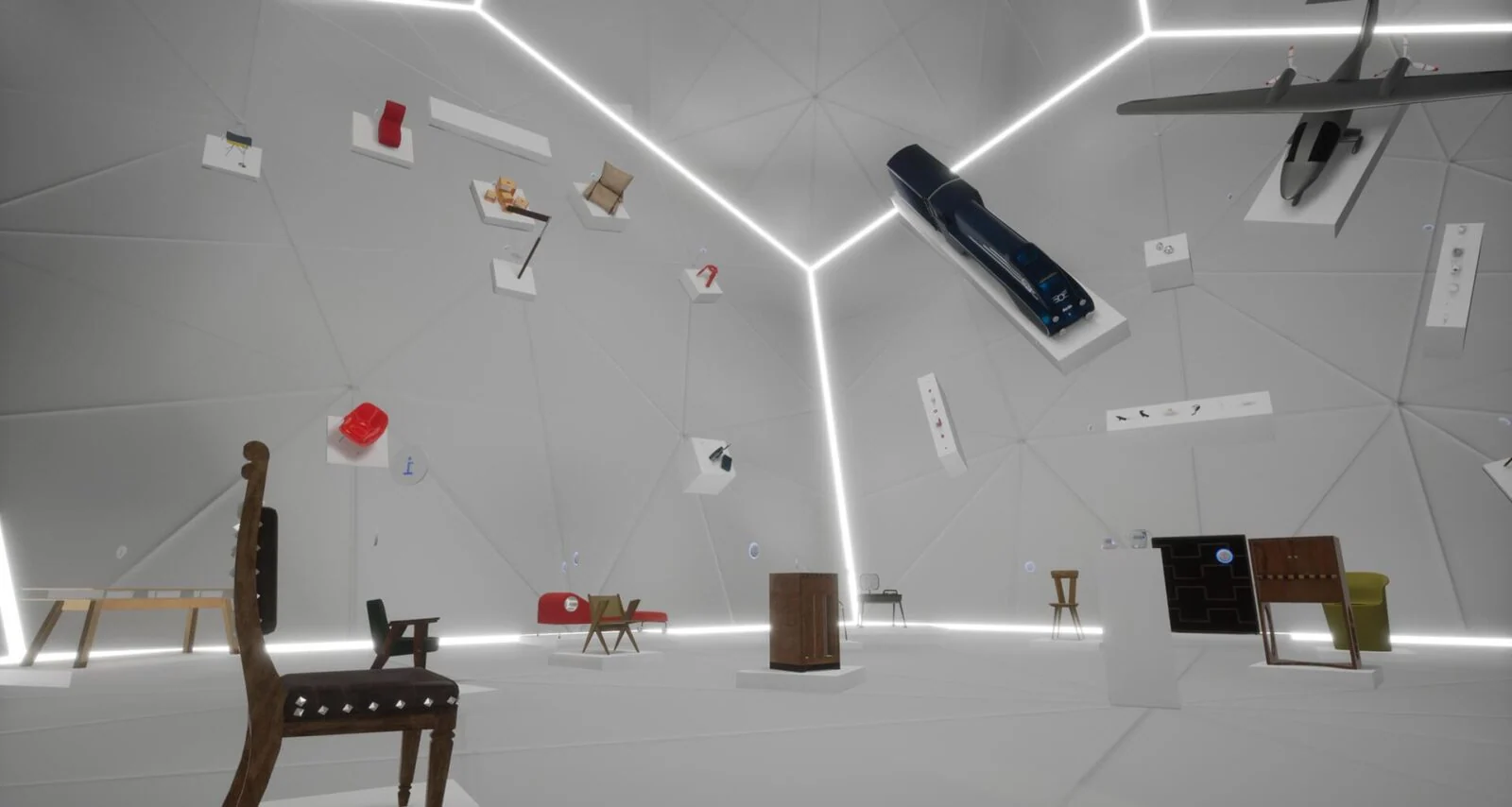 Obiekty polskiego wzornictwa zawieszone w białym geometrycznym pomieszczeniu w Curator VR.