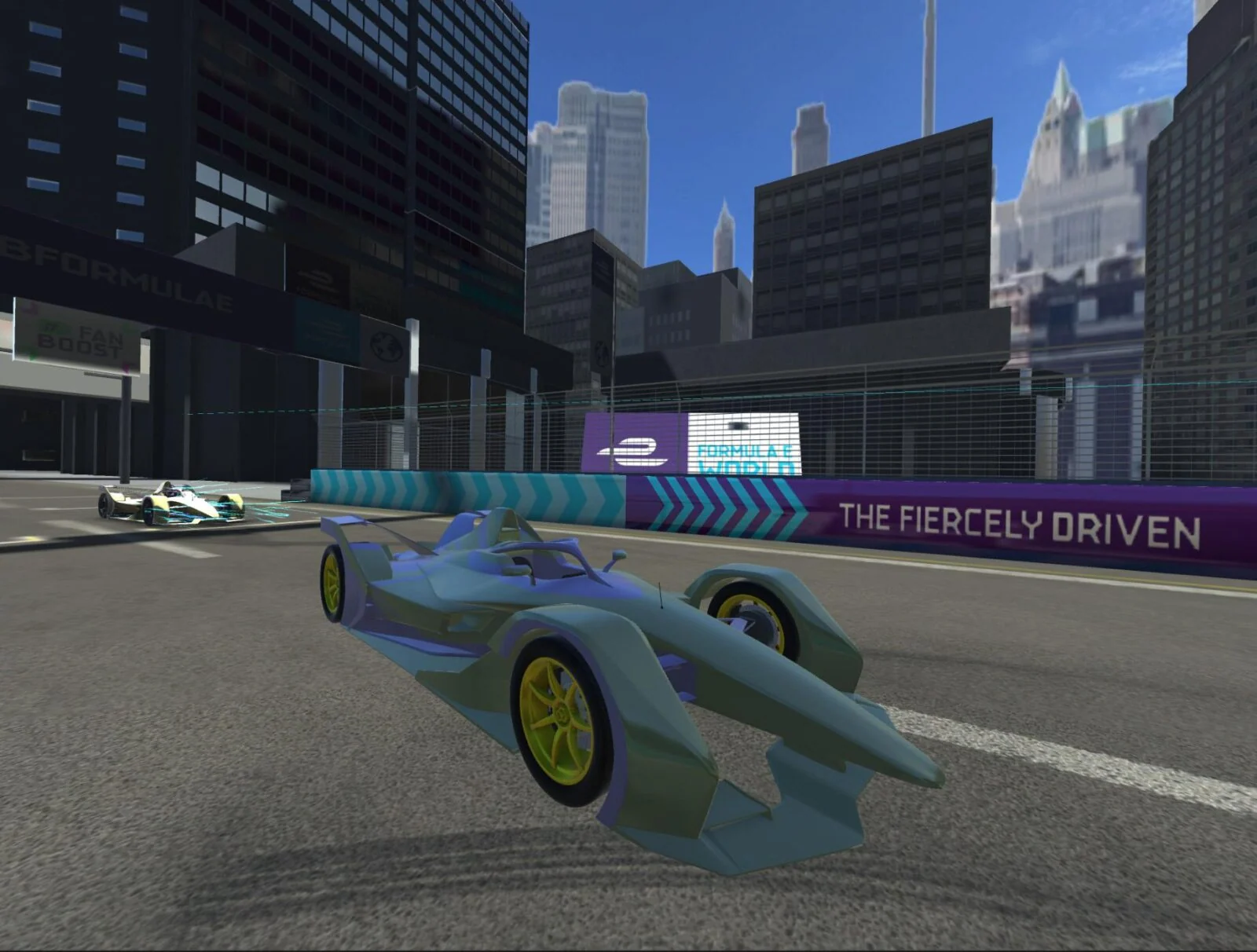 Futurystyczny samochód wyścigowy na miejskim torze w Formula E VR.