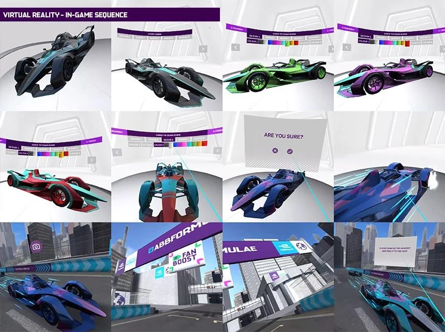 Plansza projektu Formula E VR z wirtualnymi bolidami, wyborem kolorów i ekranami interfejsu.