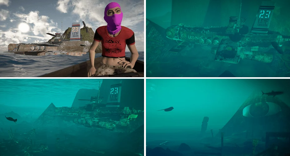 Kadry Illuminatus VR z zamaskowaną postacią w łodzi i podwodnymi konstrukcjami.