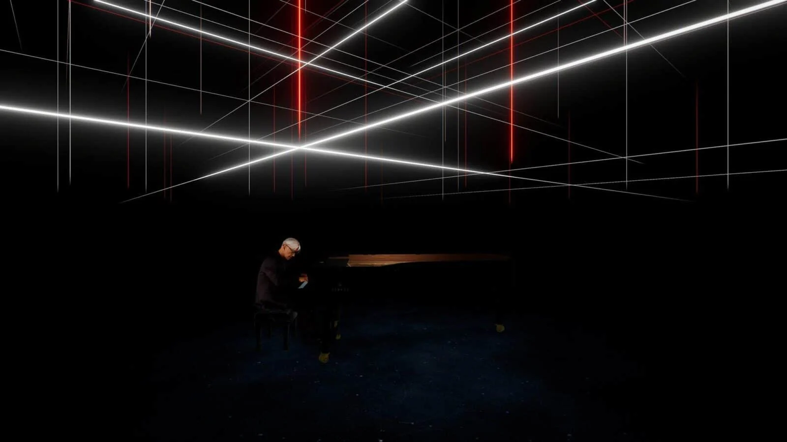 Pianista przy fortepianie pod przecinającymi się białymi i czerwonymi liniami światła w Kagami.