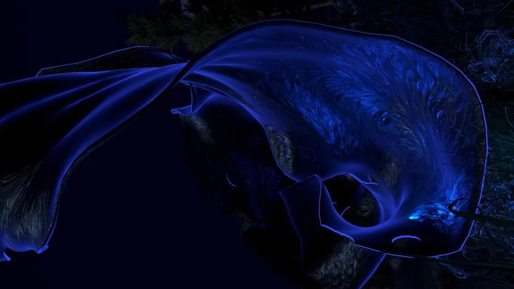 Zbliżenie półprzezroczystej niebieskiej cyfrowej twarzy w animacji Nightss VR.