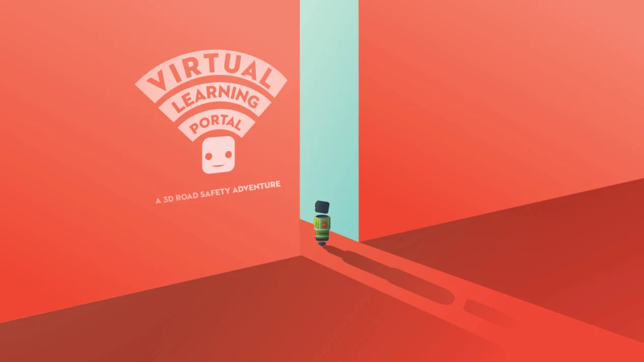 Czerwony wirtualny korytarz wprowadzający do przygody o bezpieczeństwie drogowym RSA Virtual Learning Portal.