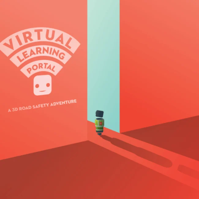 Mała postać w czerwonym wirtualnym korytarzu z napisem Virtual Learning Portal.