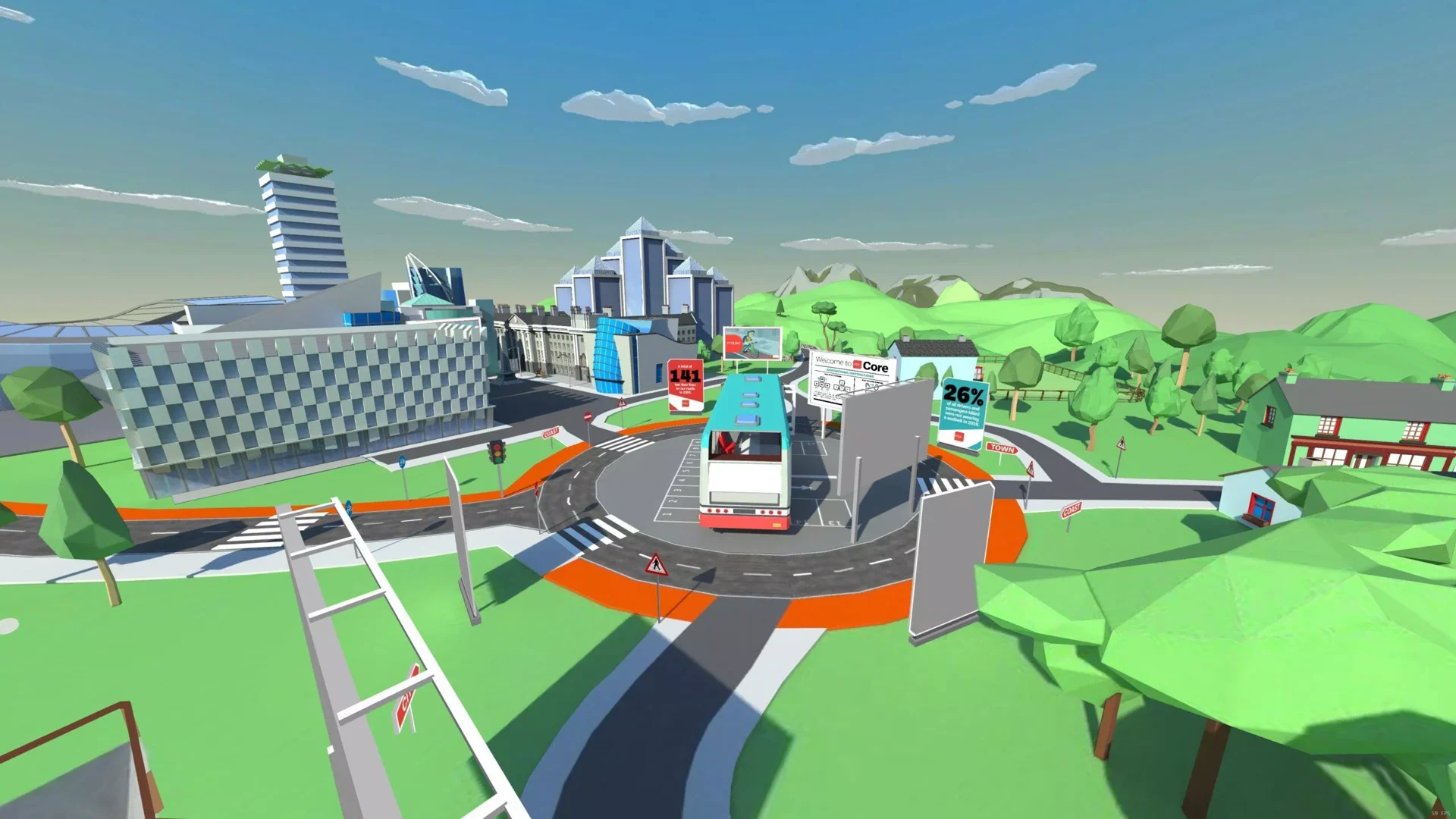 Miasto low-poly z drogami, rondem i zielonymi wzgórzami w doświadczeniu RSA.
